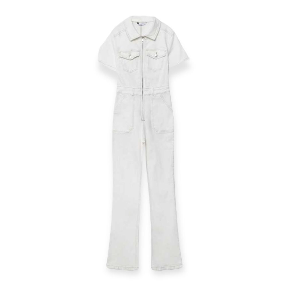 Stradivarius White Denim Utility Jumpsuit Size L NWT Zip Front Wide Leg One Piec - Picture 2 of 11